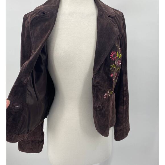 Y2K Suede Leather Jacket Floral Embroidery Front Button Down Brown Womens Medium - Picture 7 of 12